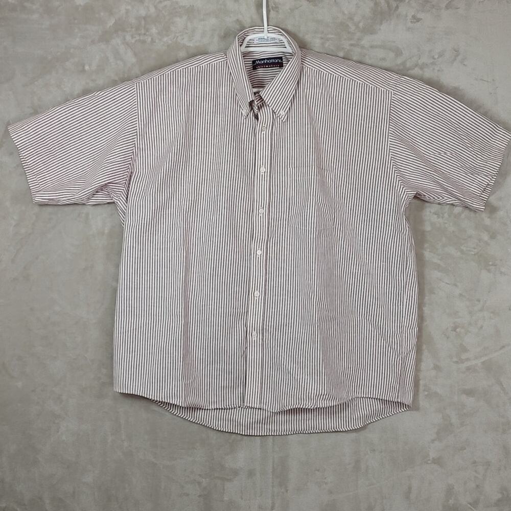 VTG Manhattan Stripes Short Sleeve Dress Shirt Men's 18.5 Maroon White Pinstripe